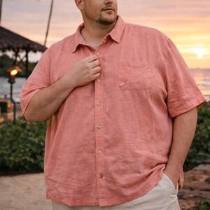 Tommy Bahama Shirt Men 4XLB 100% Linen Button Up‎ Loop Collar Salmon Pink Orange